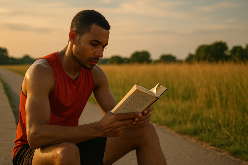 Runner reading a book